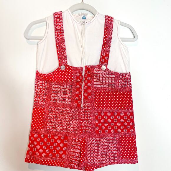 Vintage 1970s 70s Toddler Red Retro Bandana Patchwork Romper Playsuit Size 4-5T - Picture 1 of 7